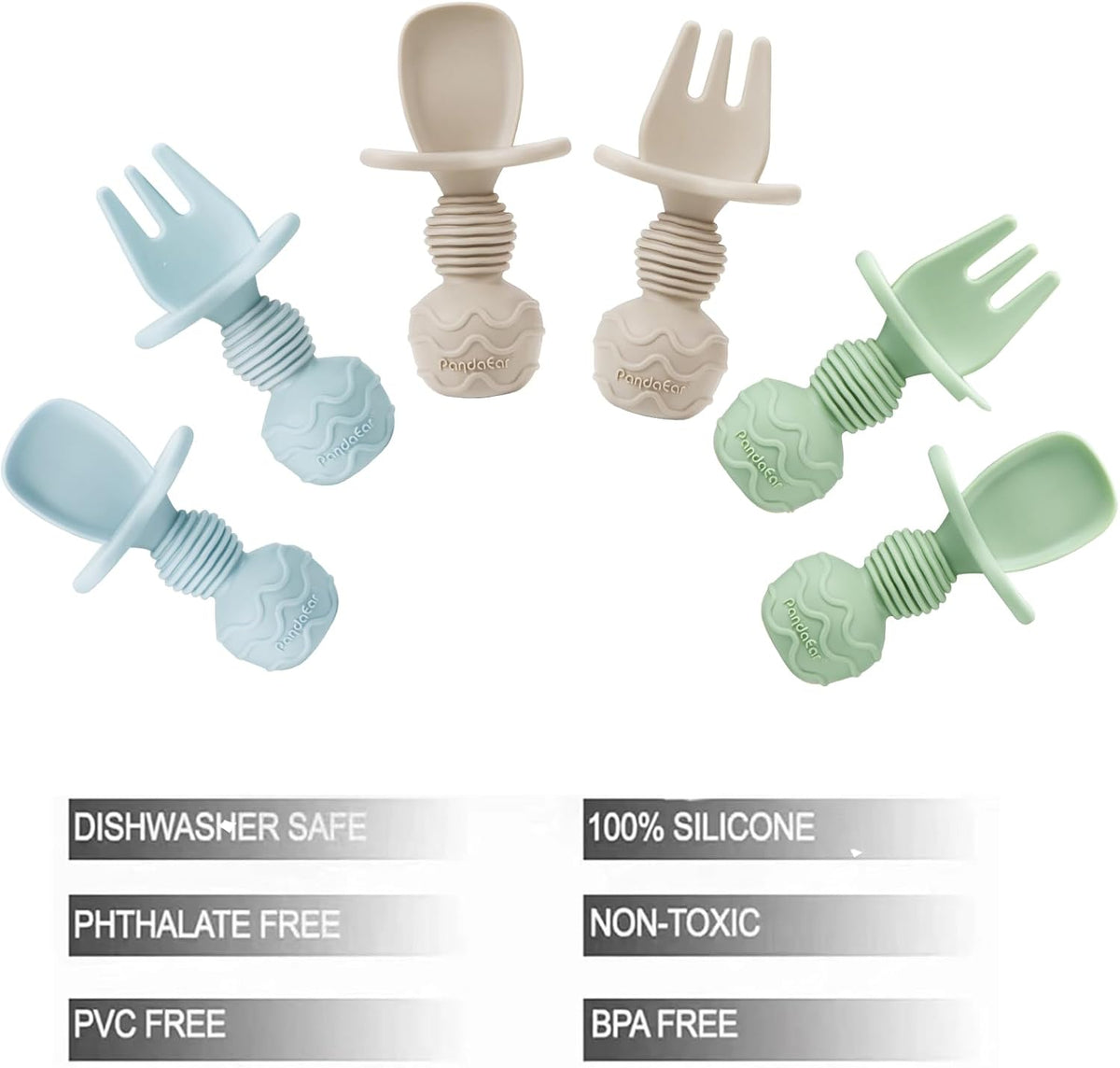 PandaEar 6 Pack Silicone Baby Spoons and Fork Feeding Set- Anti-Choke First Self Feeding Utensils