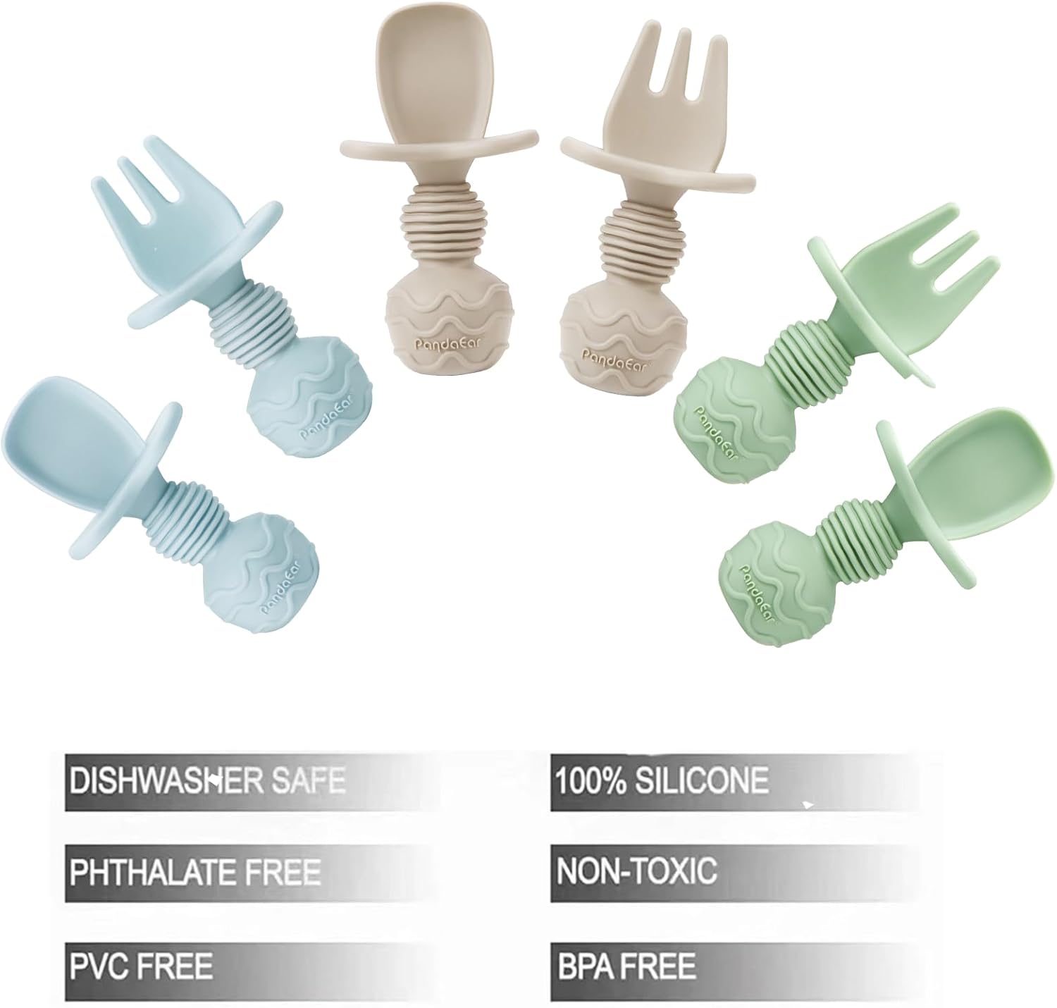 PandaEar 6 Pack Silicone Baby Spoons and Fork Feeding Set- Anti-Choke First Self Feeding Utensils