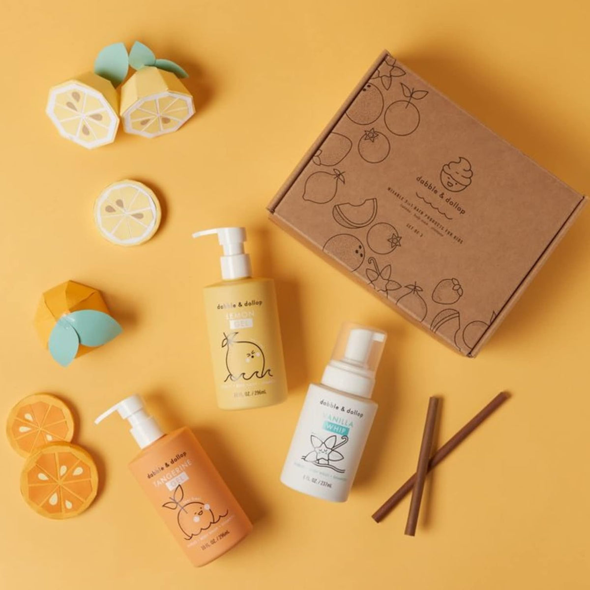 Dabble & Dollop Citrus Kiss Bundle, Natural Bubble Bath, Body Wash & Shampoo for Kids, USA-made