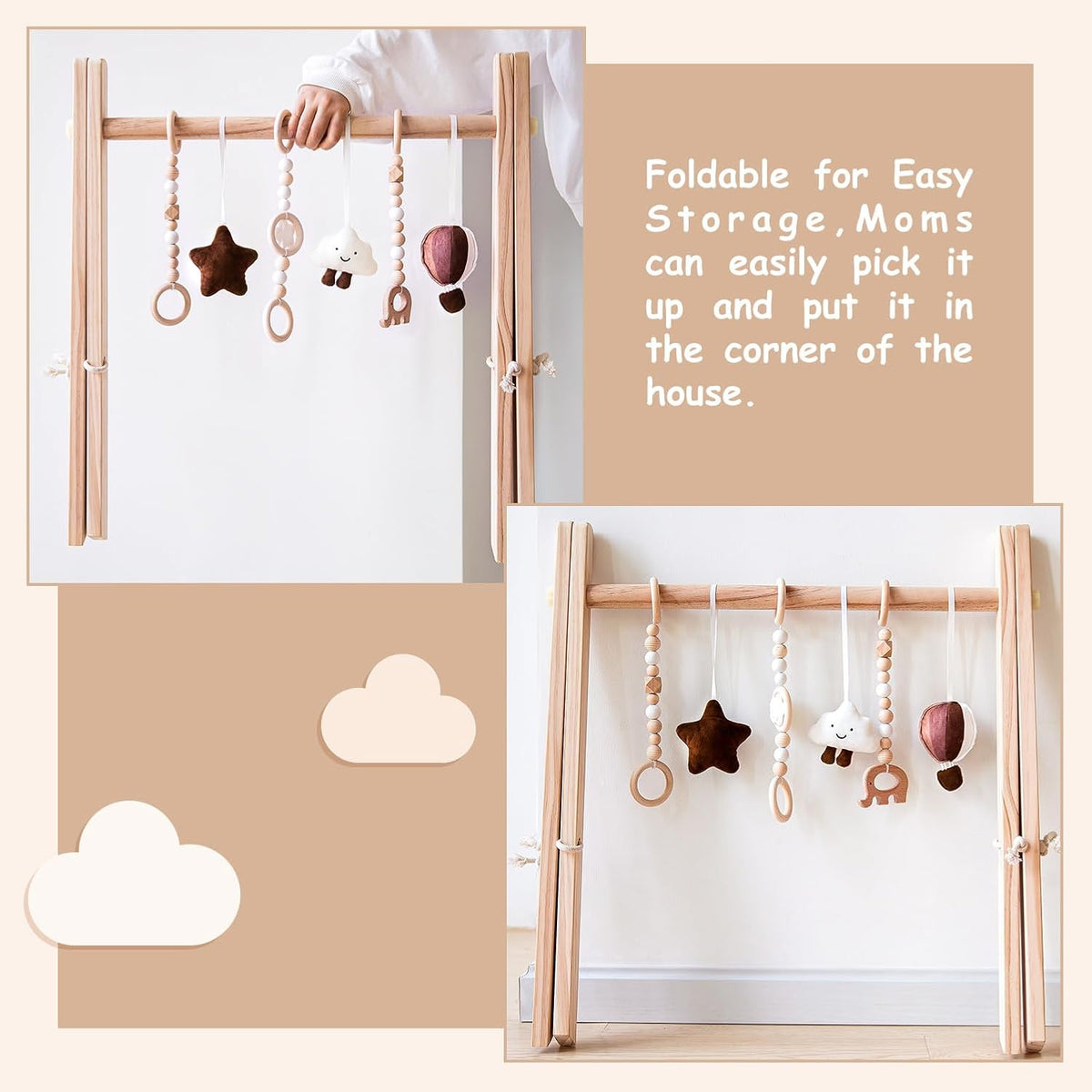 Wooden Baby Play Gym with Mat, Foldable Baby Play Gym Frame Activity Gym Hanging Bar with 6 Gym