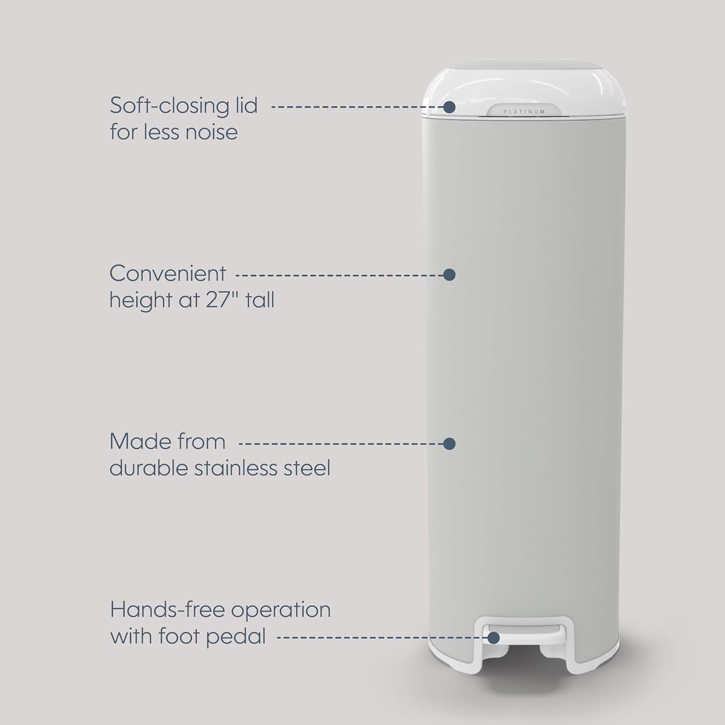 Diaper Genie Platinum Pail (Stone Grey) is Made in Durable Stainless Steel and Includes 1 Easy Roll