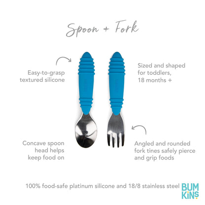 Bumkins Toddler Utensils, Kids Size Fork and Spoon Set, Silicone and Stainless-Steel Training