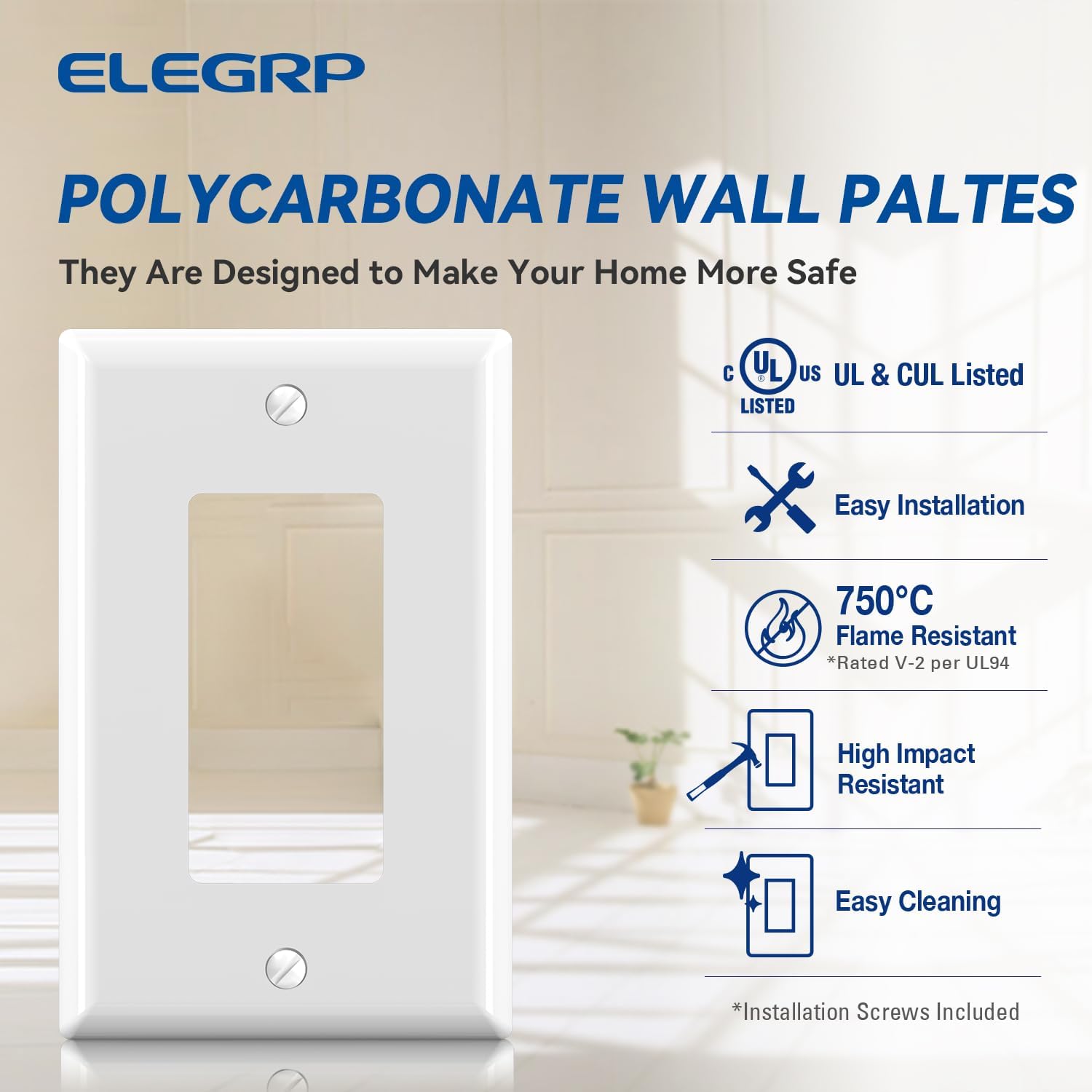 ELEGRP Decorative Receptacle Wall Plate, 1-Gang Mid Size Decorator Covers, Unbreakable