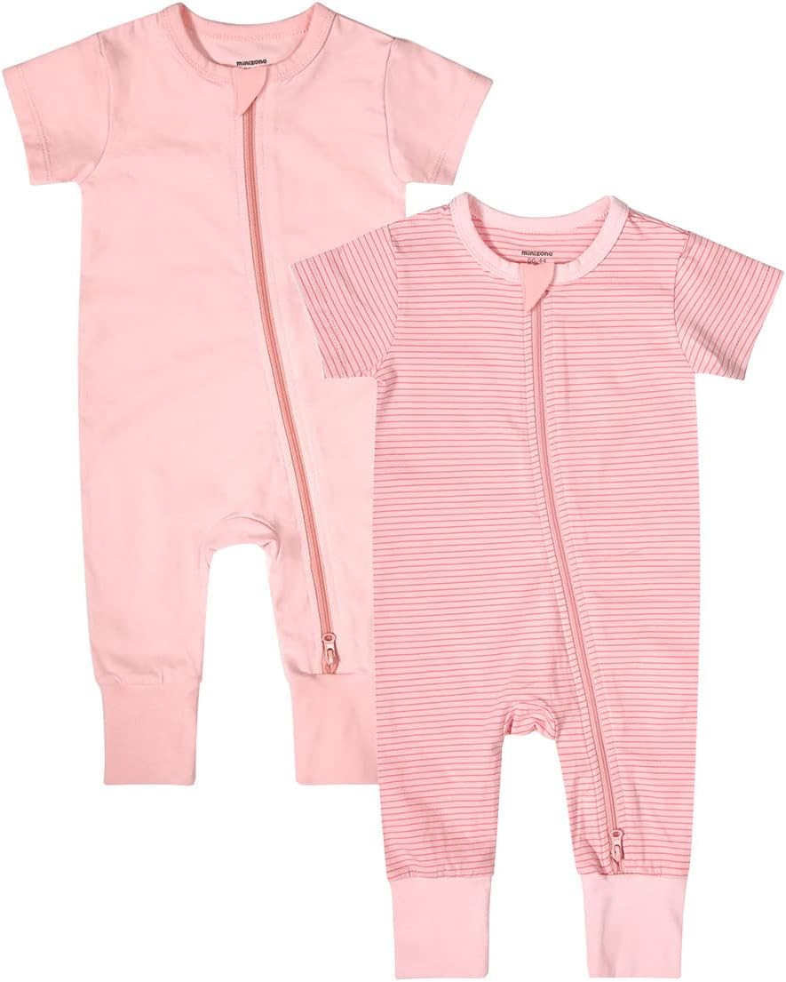 Teach Leanbh Baby Boys Girls 2-Pack Romper Jumpsuits Cotton 2 Way Zipper Short Sleeve Footless