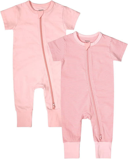 Teach Leanbh Baby Boys Girls 2-Pack Romper Jumpsuits Cotton 2 Way Zipper Short Sleeve Footless