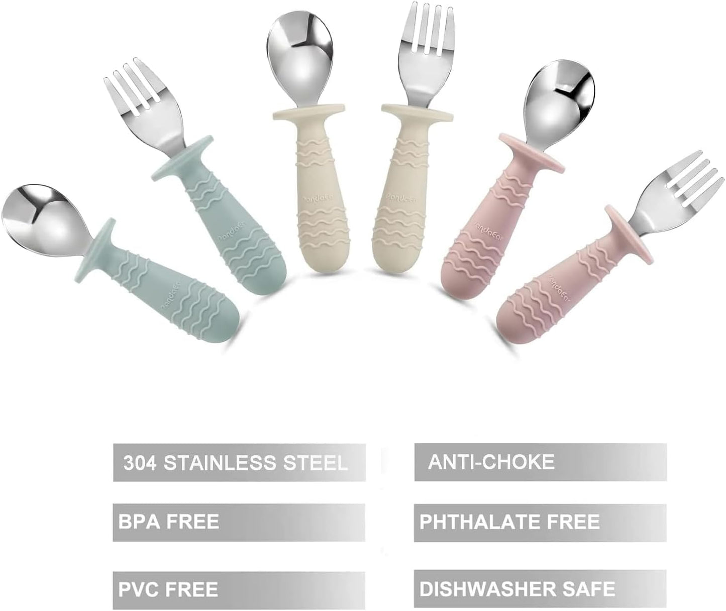 PandaEar 6 Pieces Baby Toddler Silicone Stainless Steel Utensils Silverware Spoon Fork for Baby
