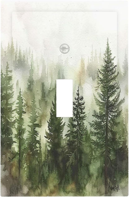 Decorative Light Switch Cover Green Forest Watercolor Painting Foggy Pine 1 Gang Single Toggle