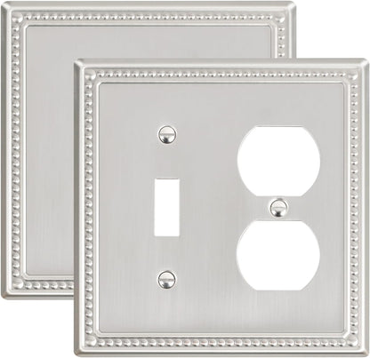 2-Pack Combo Toggle/Duplex Light Switch Cover Plate, Brushed Nickel Metal Wall Outlet Cover