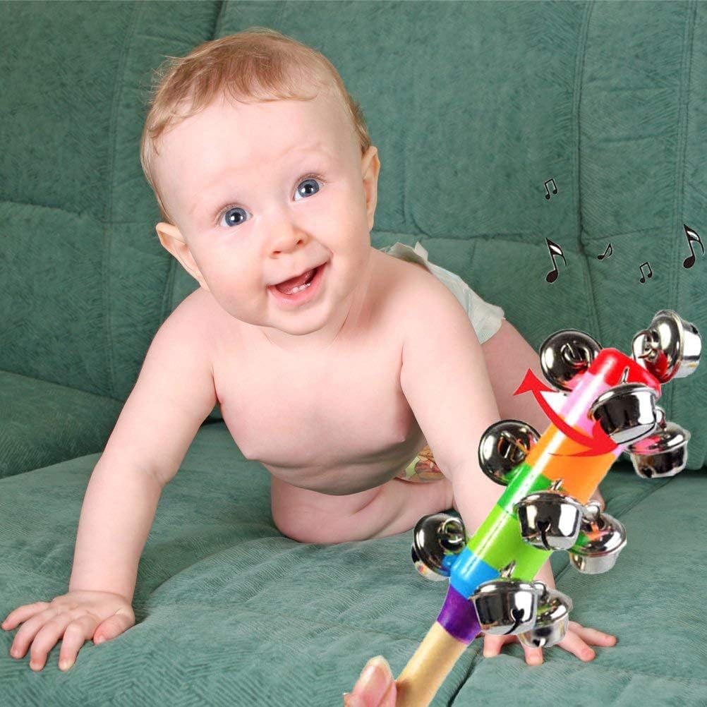 6Pcs Wooden Jingle Hand Bells,Rainbow Handle Wooden Bells Jingle Stick Shaker Rattle Baby Kids