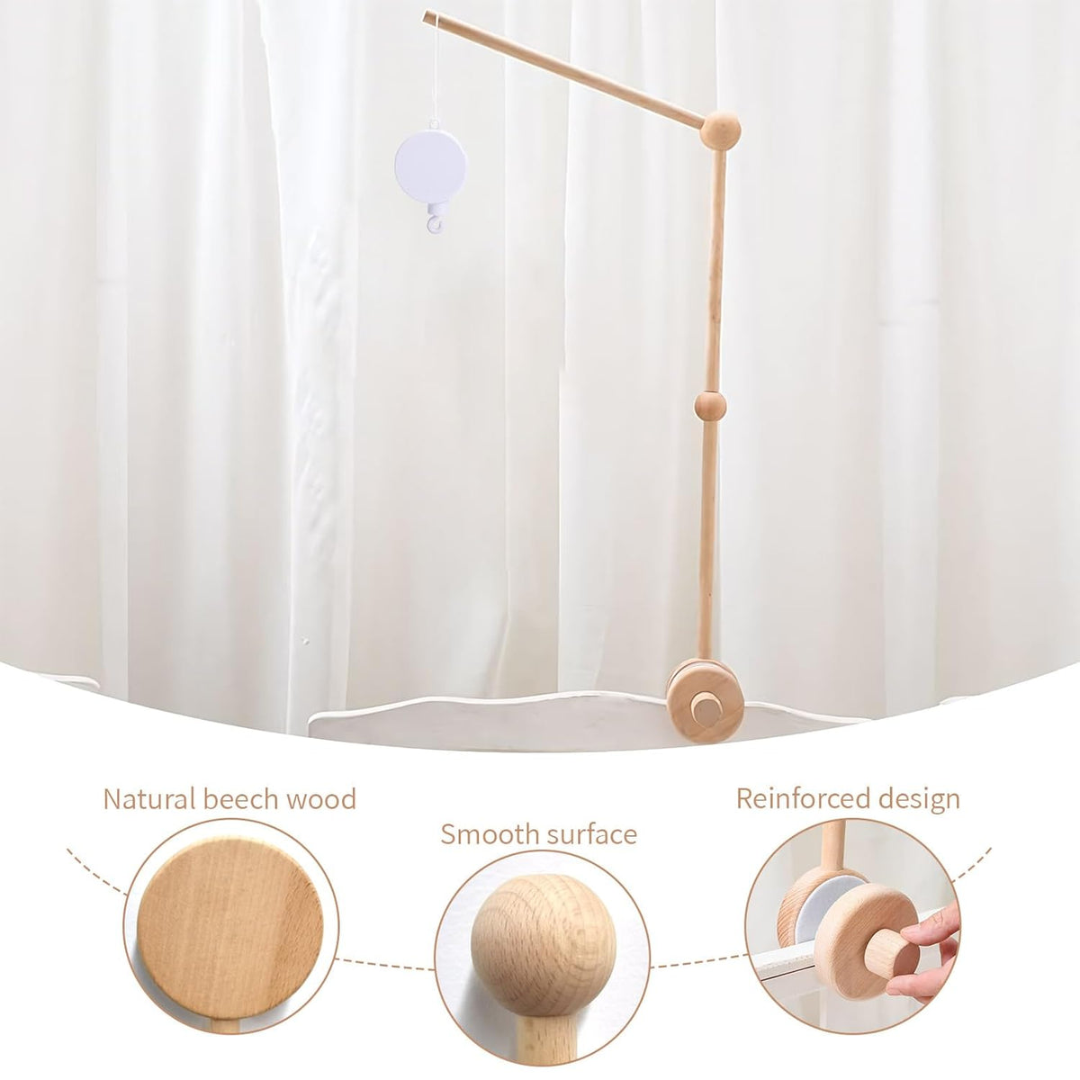 Baby Crib Mobile Arm Wooden Holder with Rotating Music Box Nursery Decor Attachment Safe Anti Slip