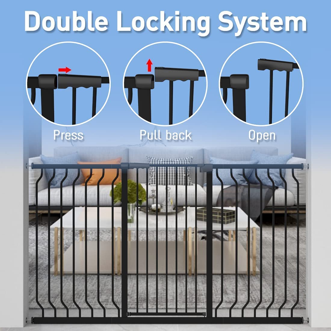 WAOWAO Extra Tall 40.55" Baby Gate 57.48-74.4" Wide Pressure Mounted Walk Through Swing Auto Close