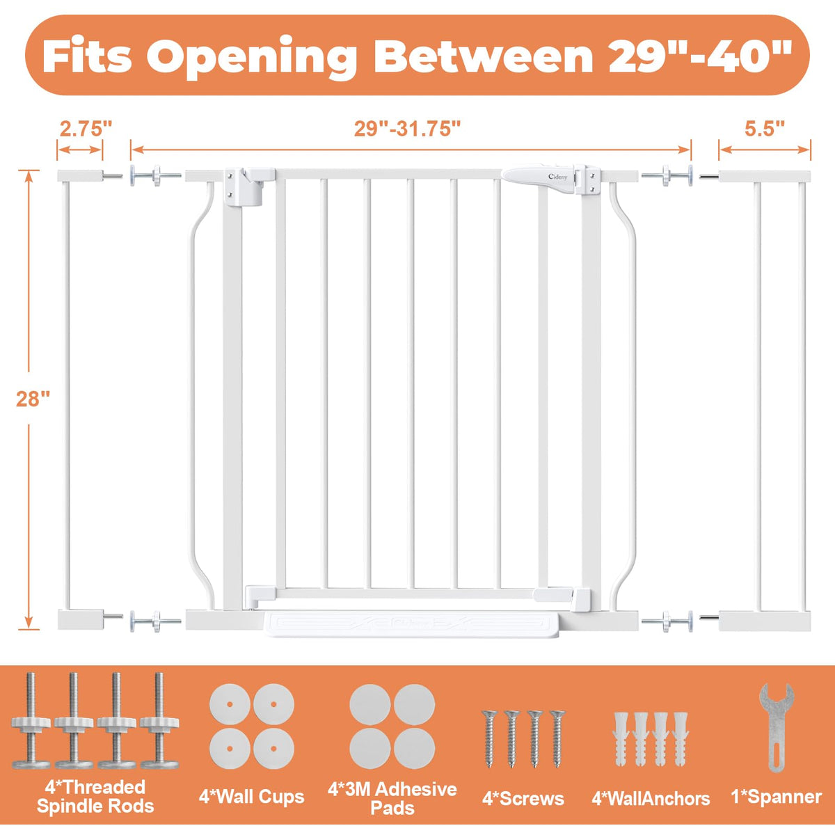 Cideny Baby Gate No Drilling, 29"-40" Dog Gate Indoor for Stairs & Doorways
