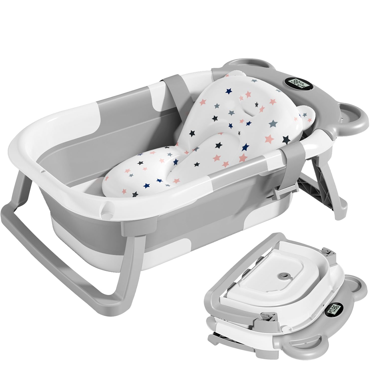 TPN Collapsible Baby Bathtub, Baby Bath Tub with Soft Cushion & Real-Time Thermometer, Baby Bathtub