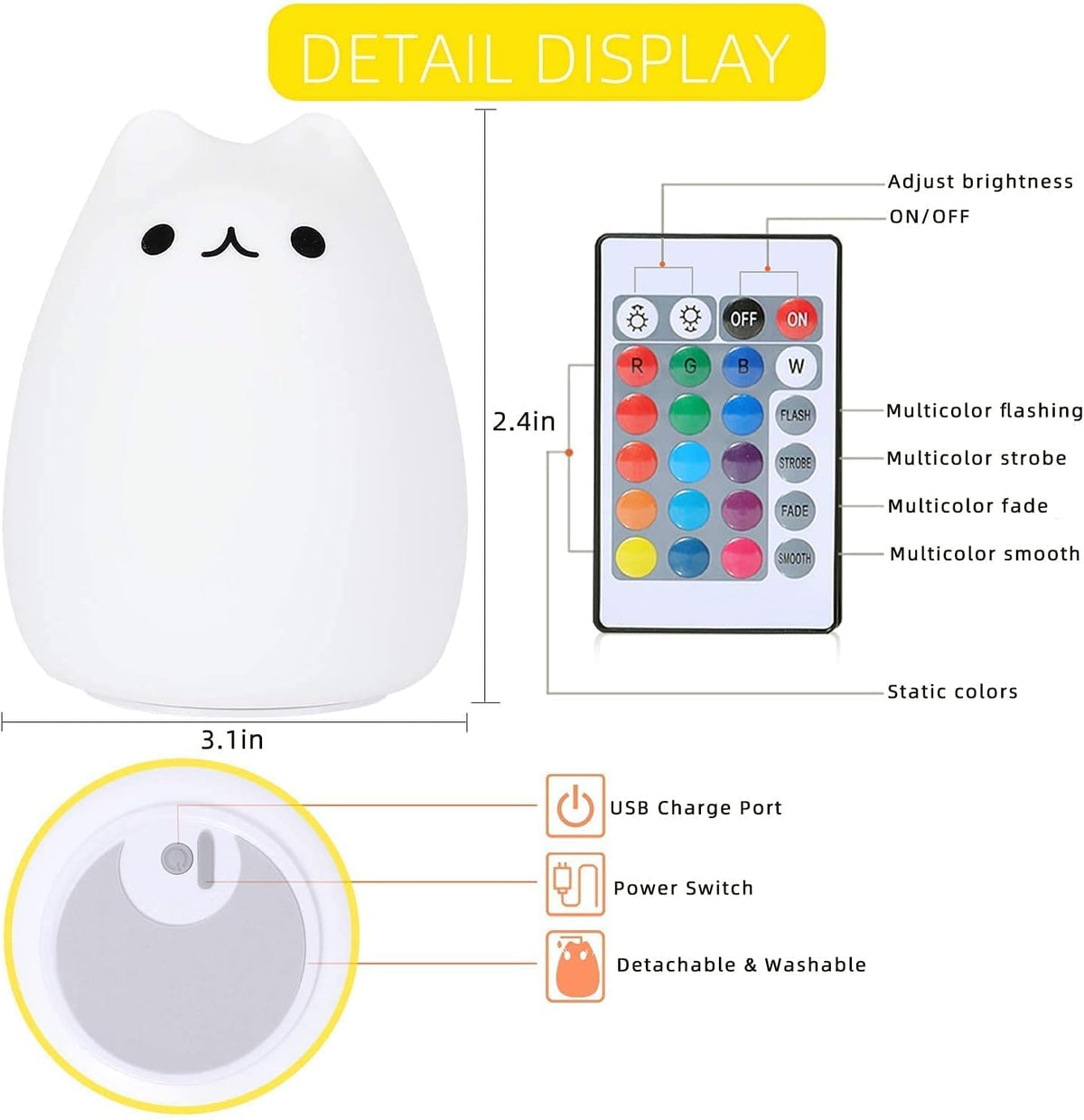 ZKLiLi Cat Night Light, Cute Nursery Lights USB Rechargeable Cat Lamp Nightlight Birthday Christmas
