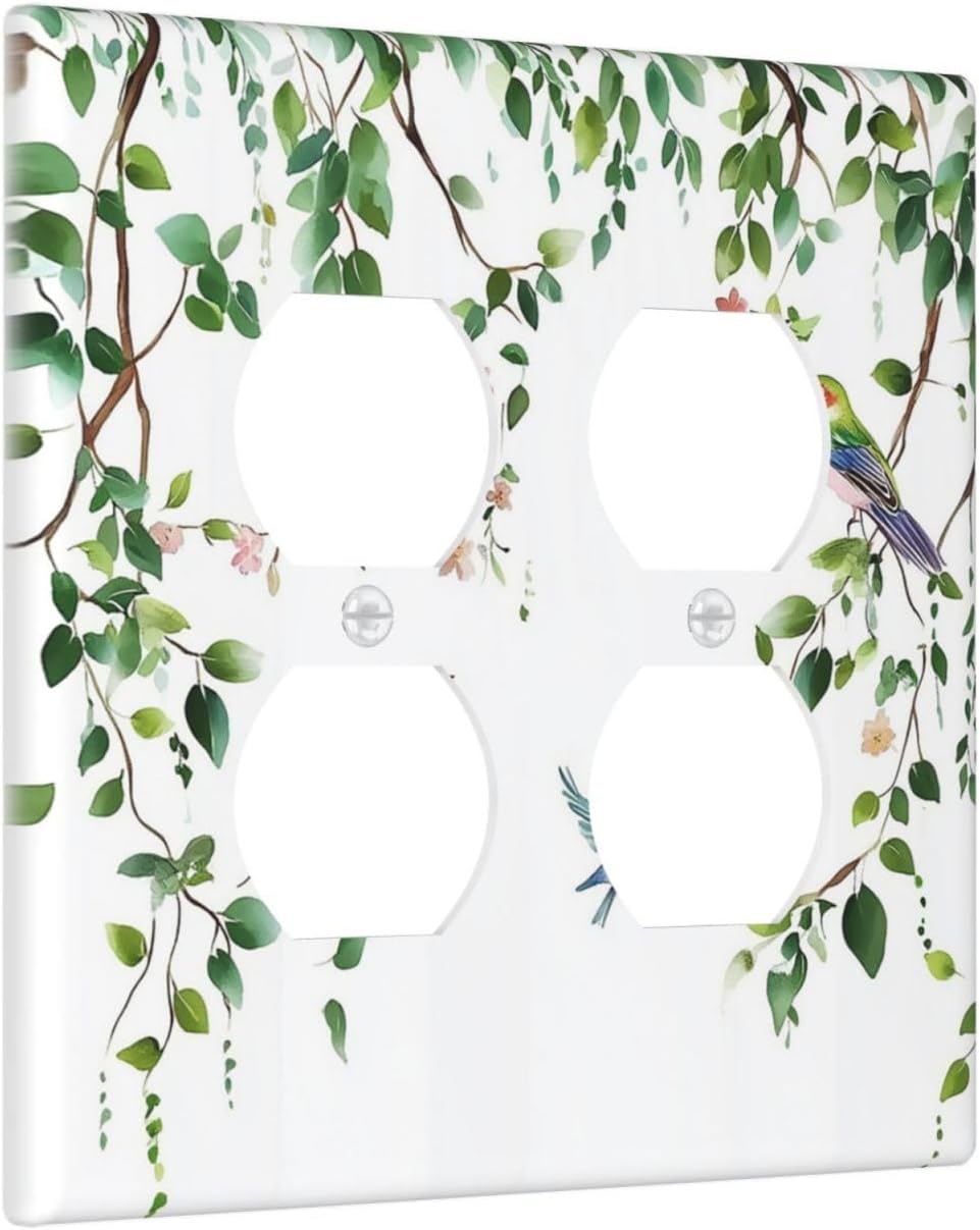 Outlet Covers Green Leaves Bird Eucalyptus Sage Plant 2 Gang Double Duplex Decorative Light Switch