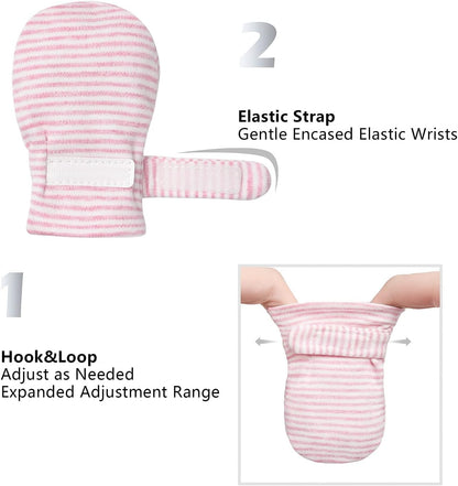 Newborn Baby No Scratch Mittens Stay On, 100% Cotton Breathable, Adjustable Infant Gloves for Baby