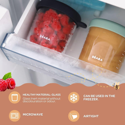 BEABA 2 Pack Glass Baby Food Jars with Soft Silicone Air Tight Lids, 8 oz Glass Storage Containers