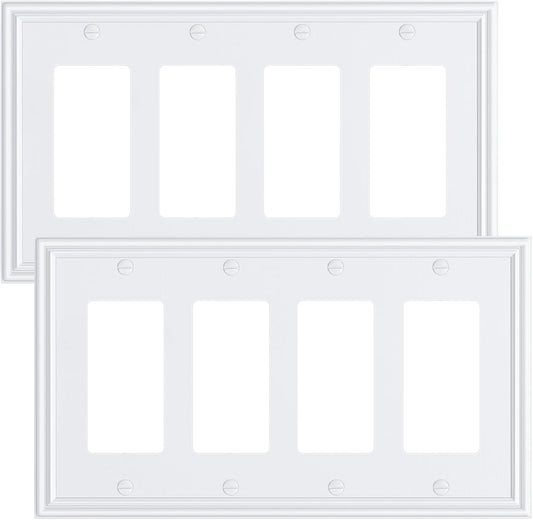 2-Pack Quad Decorator Outlet Cover Plate, Zinc Alloy Decorative Pure White Switch Plates and Outlet