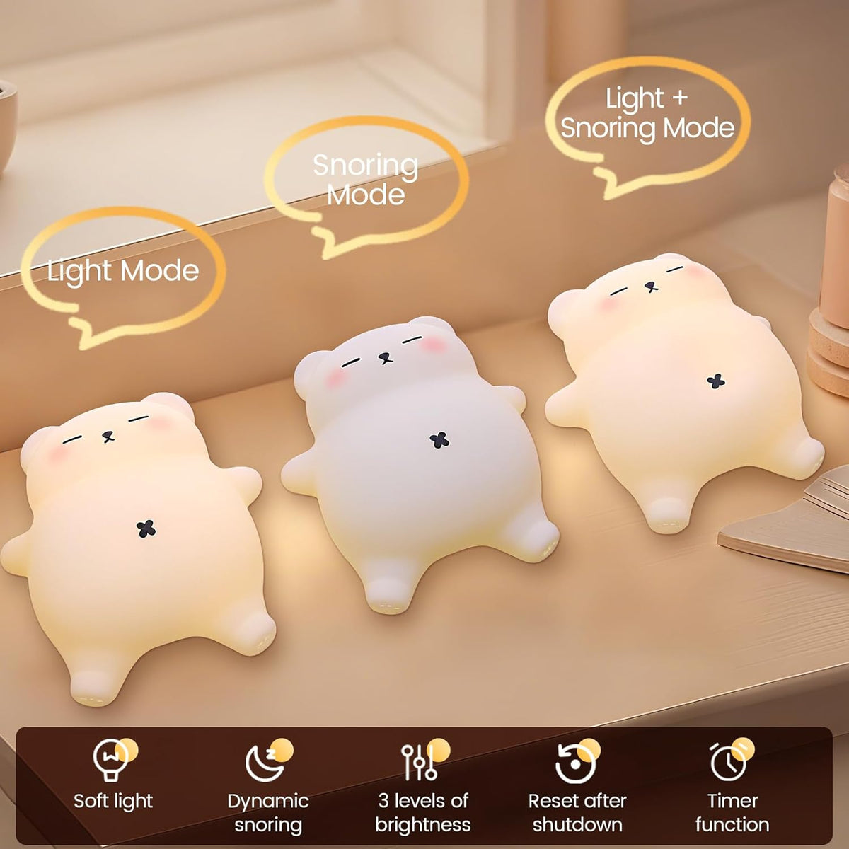 Snoring Bear Night Light – Adorable Gift for Kids, Babies, Moms & Seniors – Soft Silicone Sleep