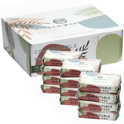 Eco Wave Baby Wipes, 100% Compostable Eco-Friendly Bamboo Wipes, Unscented, Hypoallergenic, Vegan