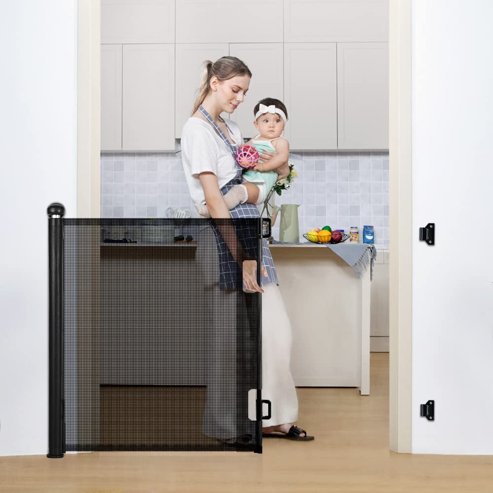 COMOMY Retractable Baby Gate for Stairs, 0-71" Mesh Dog Gate for House Doorways Hallways, 33" Tall