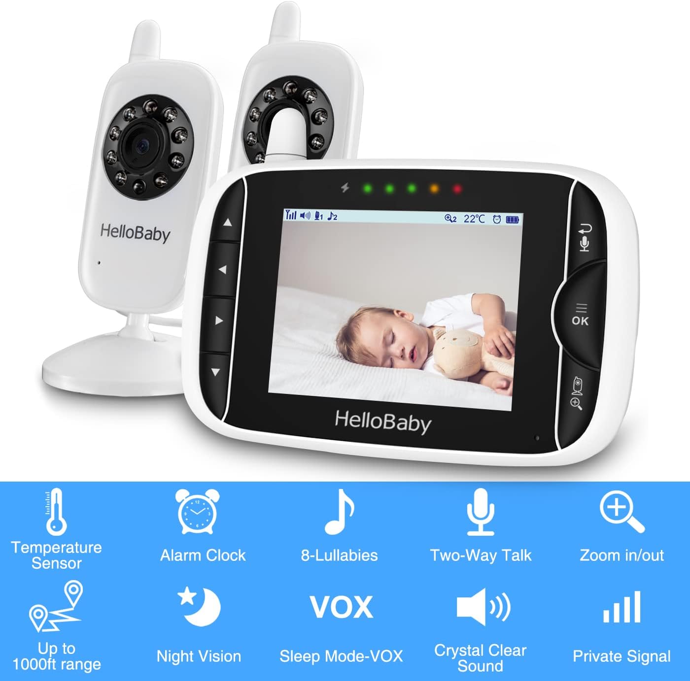 HelloBaby Baby Monitor with 2 Cameras, No WiFi, with Camera and Audio,Video, Night Vision 2-Way