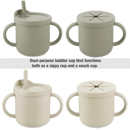 PandaEar 2 Pack Silicone Baby Straw & Snack Cup with 2 Spoons 2 Forks, Dual-Purpose Toddler