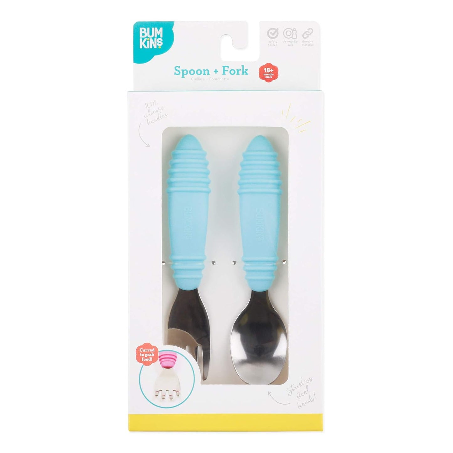 Bumkins Toddler Utensils, Kids Size Fork and Spoon Set, Silicone and Stainless-Steel Training