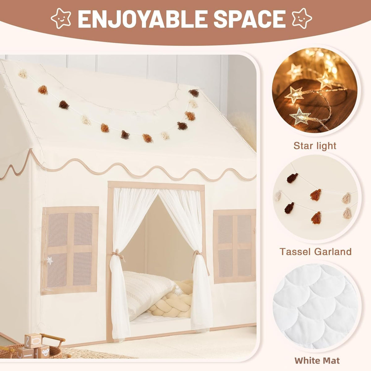 Senodeer Kids Play Tent Indoor: with Mat, Tassel Garland - Girl Tent Indoor Playhouse for Kids Toys