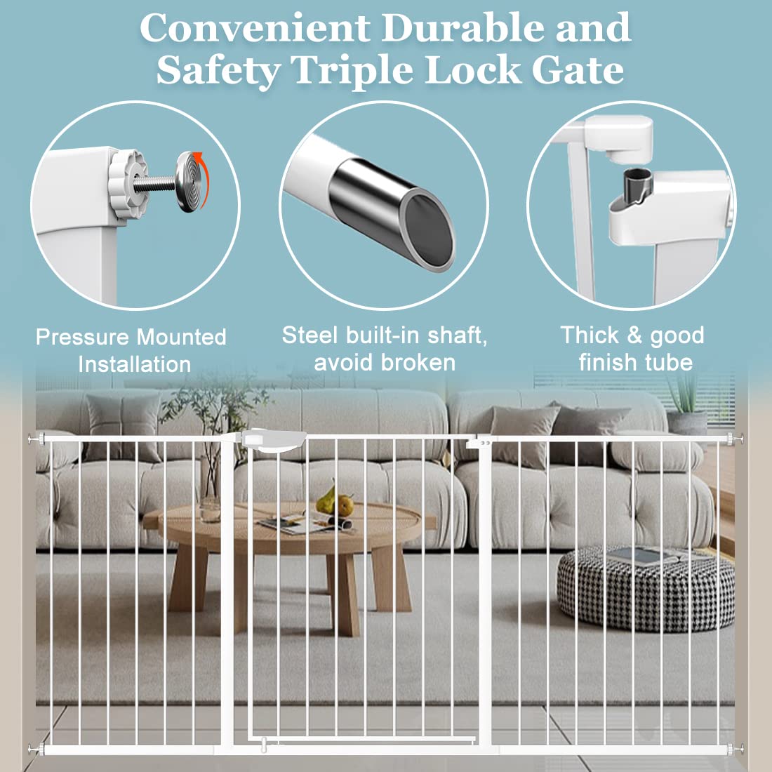 WAOWAO Triple Lock Baby Gate Extra Wide 67.32-72.04" Pressure Mounted Walk Through Swing Auto Close