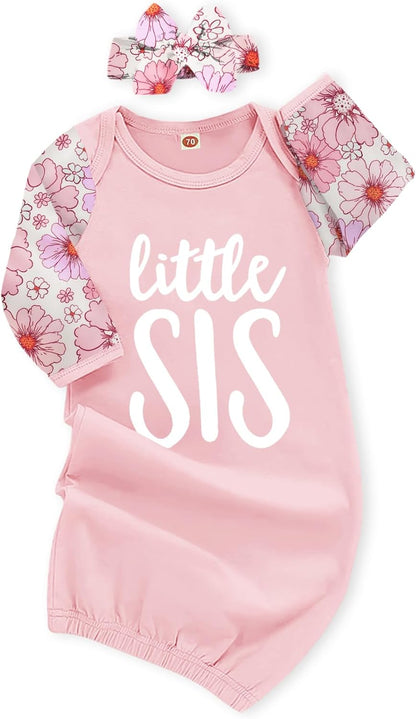 AMAWMW Newborn Baby Girl Little Sister Sleeper Gown Stripe Long Sleeve Nightgown Pajamas Gifts