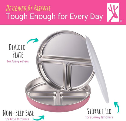 Stainless Steel Divided Plates + Silicone Sleeve and Storage Lid | Baby, Toddler, Kids | Dinner &