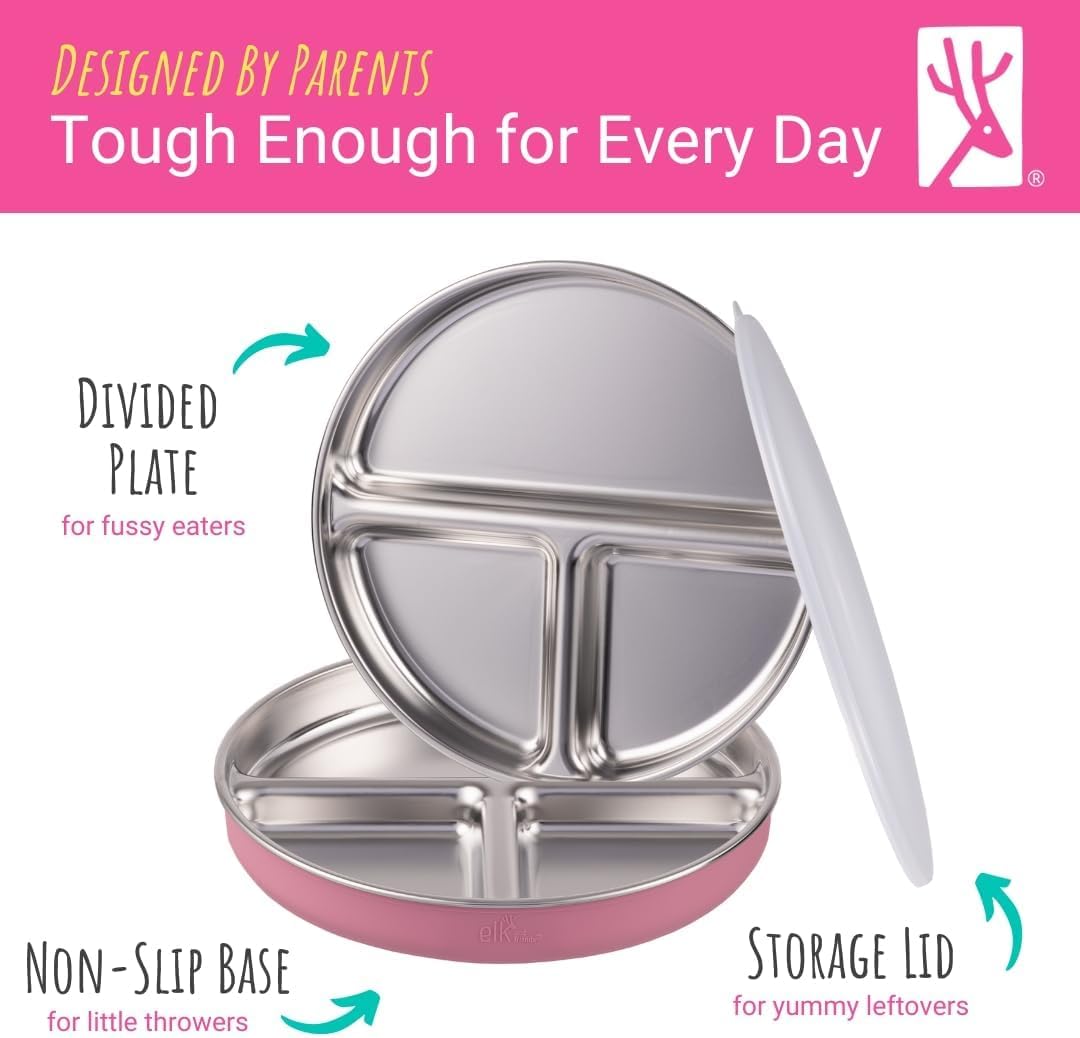 Stainless Steel Divided Plates + Silicone Sleeve and Storage Lid | Baby, Toddler, Kids | Dinner &