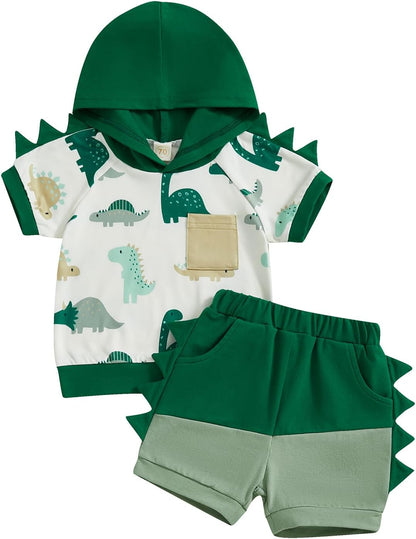 Toddler Baby Boy Summer Hooded Outfit Contrast Color Short Sleeve T Shirt Top Elastic Shorts Summer