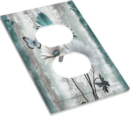 Outlet Covers Rustic Teal Daisy Floral Flowers Butterfly Wood Grain 1 Gang Duplex Wall Plate