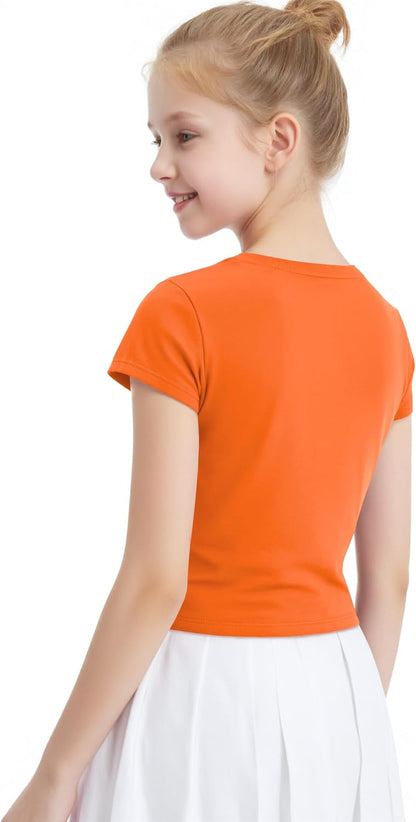 Auranso Girls Crop Tops Summer Short Sleeve Round Neck T Shirts Basic Tee for Kids