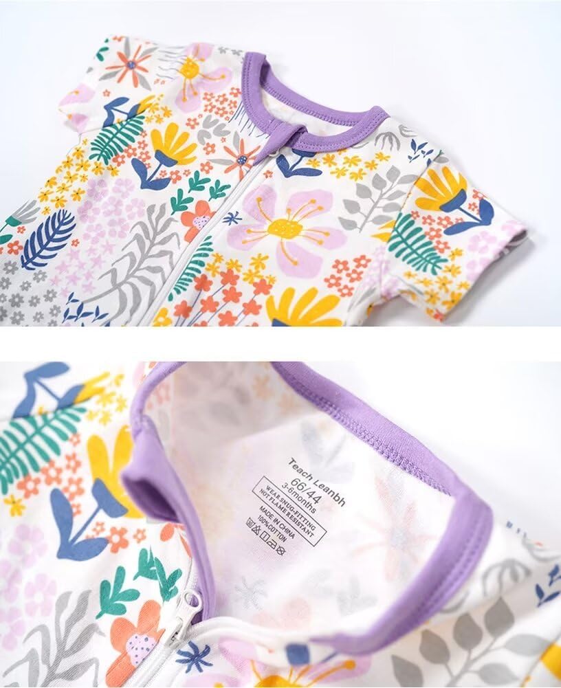 Teach Leanbh Toddler Baby Boys Girls Footless Pajamas Cotton 2 Way Zipper Printing Short Sleeve