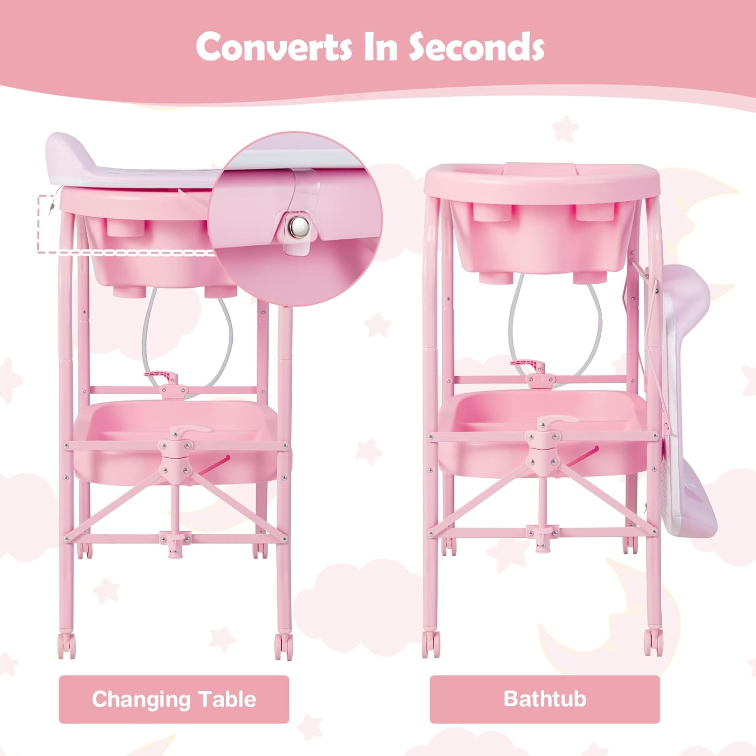 HONEY JOY Baby Changing Table with Bathtub, Foldable Infant Diaper Changing Station with Wheels