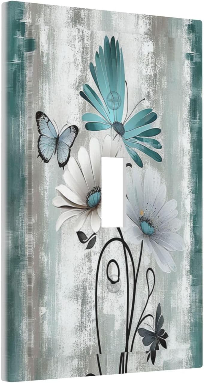 Decorative Light Switch Cover Rustic Teal Daisy Floral Flowers Butterfly Wood Grain 1 Gang Single