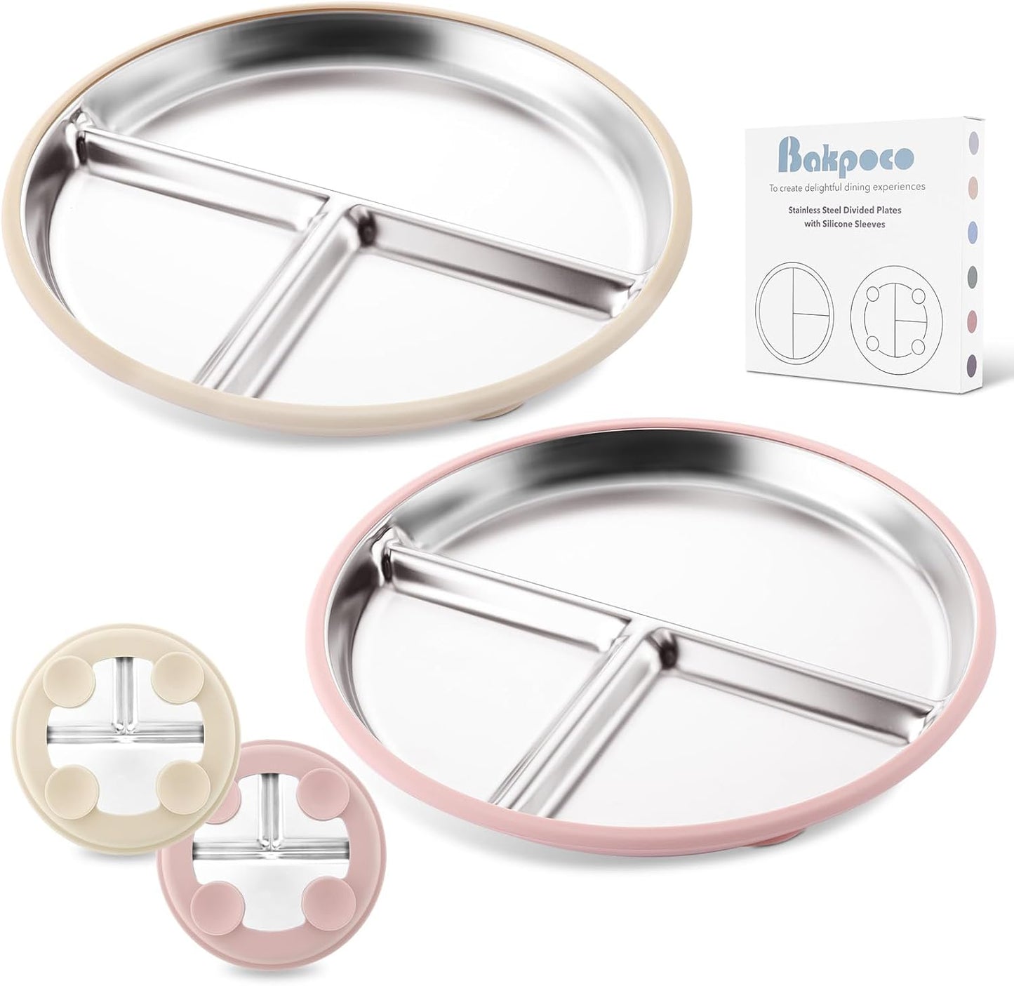 Stainless Steel Baby Plate with Suction, 9” Divided Toddler Plates with Removable Silicone Sleeves