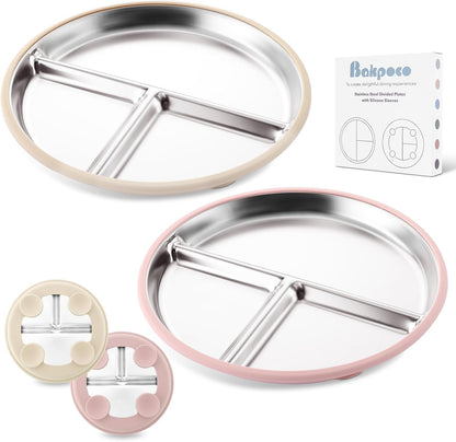 Stainless Steel Baby Plate with Suction, 9” Divided Toddler Plates with Removable Silicone Sleeves