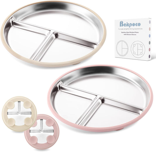 Stainless Steel Baby Plate with Suction, 9” Divided Toddler Plates with Removable Silicone Sleeves