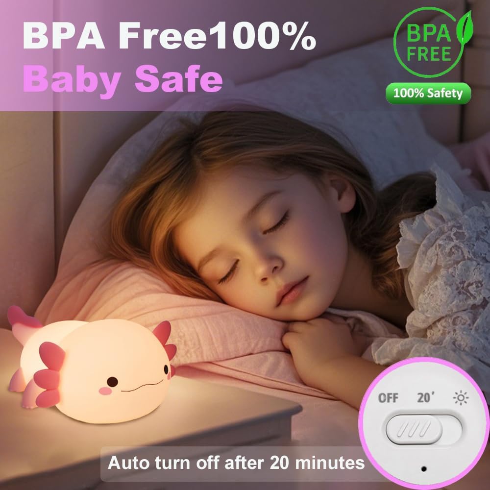 Cute Axolotl Night Light for Kids Bedroom, Animal Silicone Nursery Night Lamp Touch Control