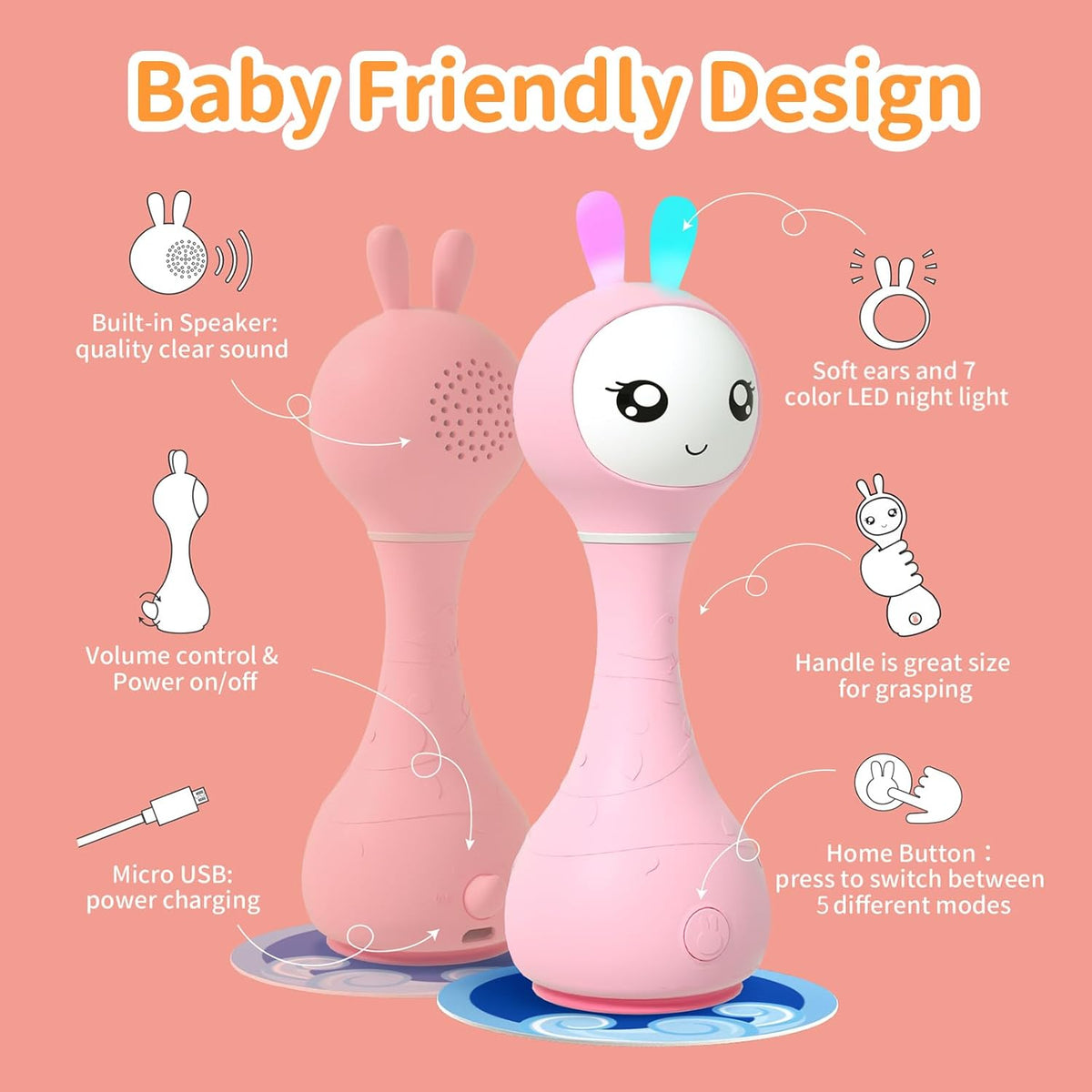 alilo Smarty Bunny Baby Rattle Musical Light Up Toys, Infants Newborns Baby Toys 0-3-6-12-18-24