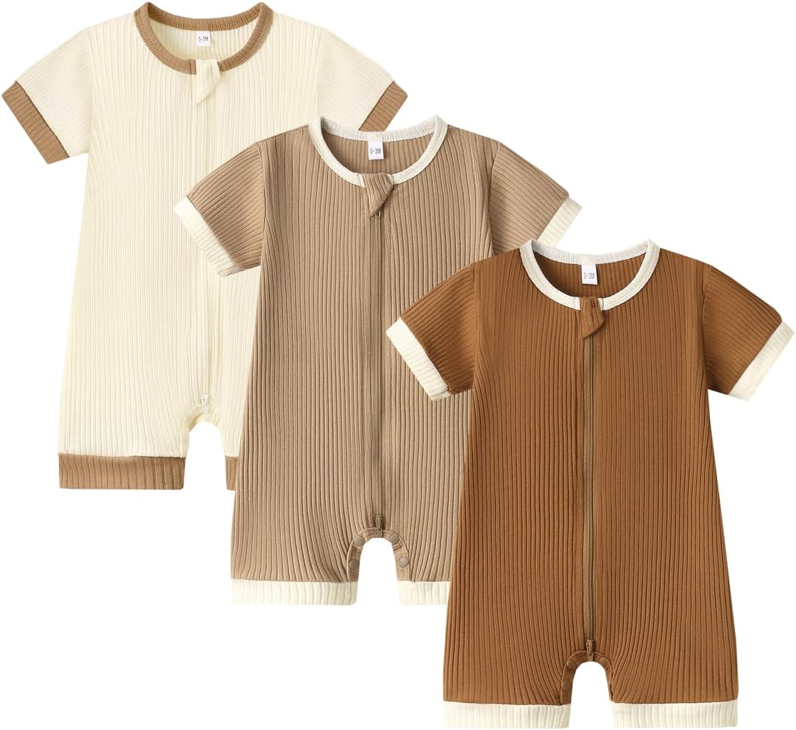 Bafeicao Unisex Baby Boy Girl 2 Pack Rompers Short Sleeve 2 Way Zipper One Piece Jumpsuits Clothes