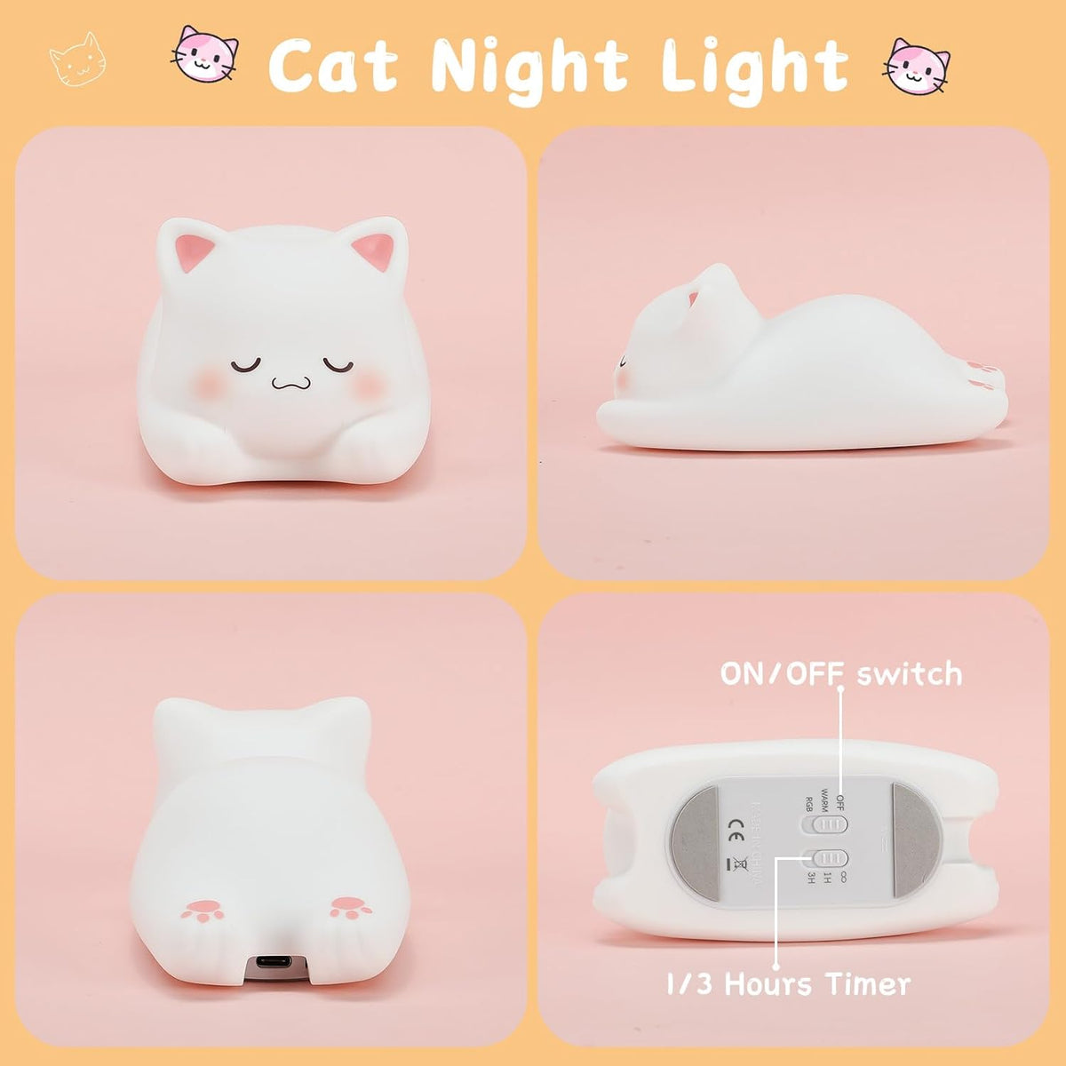 LOVERUIS Cute Night Light for Kids Cat Night-Light Baby Girl Squishy NightLight 1/3 Hour Timer
