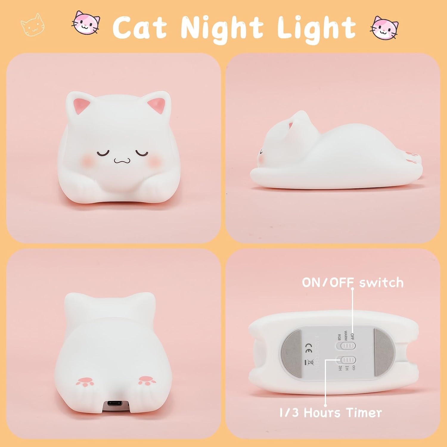 LOVERUIS Cute Night Light for Kids Cat Night-Light Baby Girl Squishy NightLight 1/3 Hour Timer