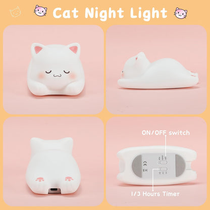 LOVERUIS Cute Night Light for Kids Cat Night-Light Baby Girl Squishy NightLight 1/3 Hour Timer