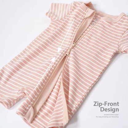 Teach Leanbh Unisex Baby 2 Pack Pajamas Cotton Short Sleeve 2 Way Zipper Stripe Soild Romper