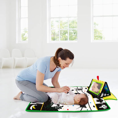Tummy Time Mirror & Play Mat & Pillow 3-in-1, High Contrast Black and White Baby Toys, Activity Mat